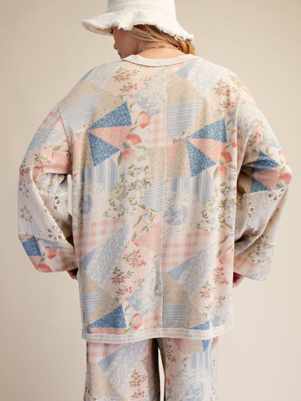 EASEL PATCHWORK PRINT WASHED COTTON TERRY TOP PANTS SET white blue pink lounge - Picture 9 of 9